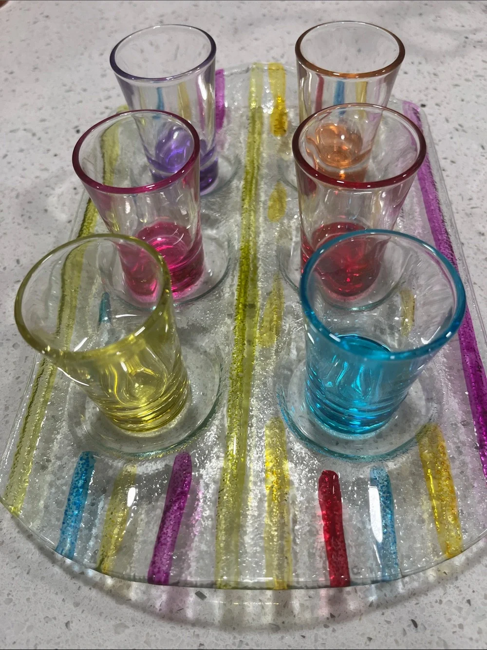 Fiesta Colorful Glass Shot Glass Set with Striped Serving Tray NIB 7 pc set